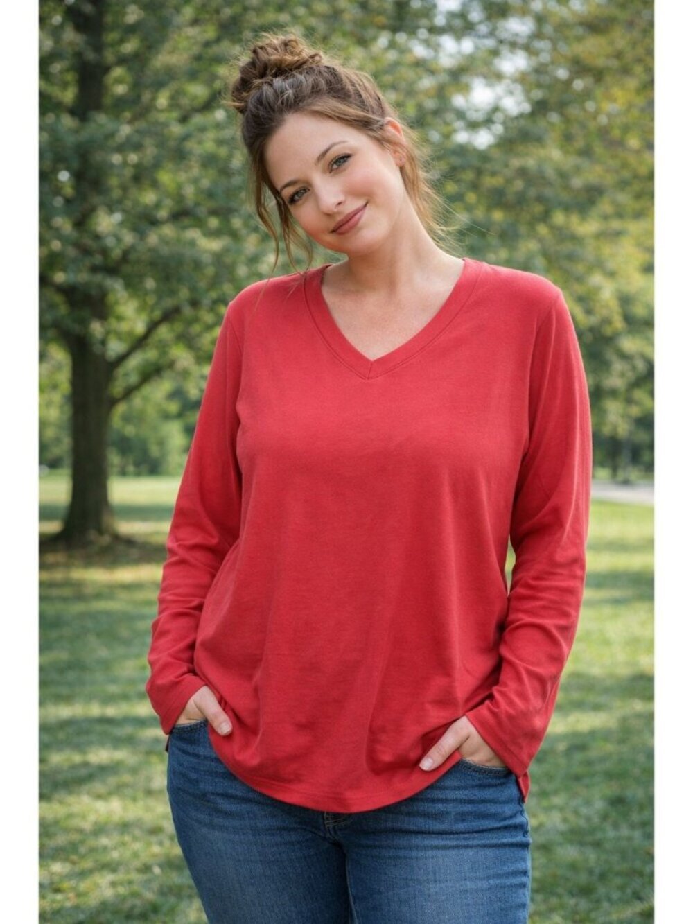 Lands End Womens Red V-Neck Long Sleeve Cotton Shirt XL 18-20